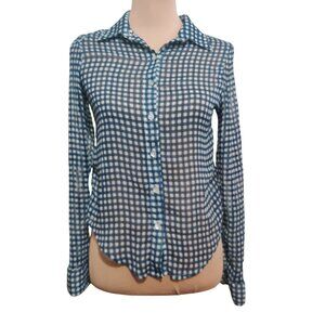 Living Doll Womens Shirt Sheer Checkered Button Up Preppy Chic Blue White Sz XS